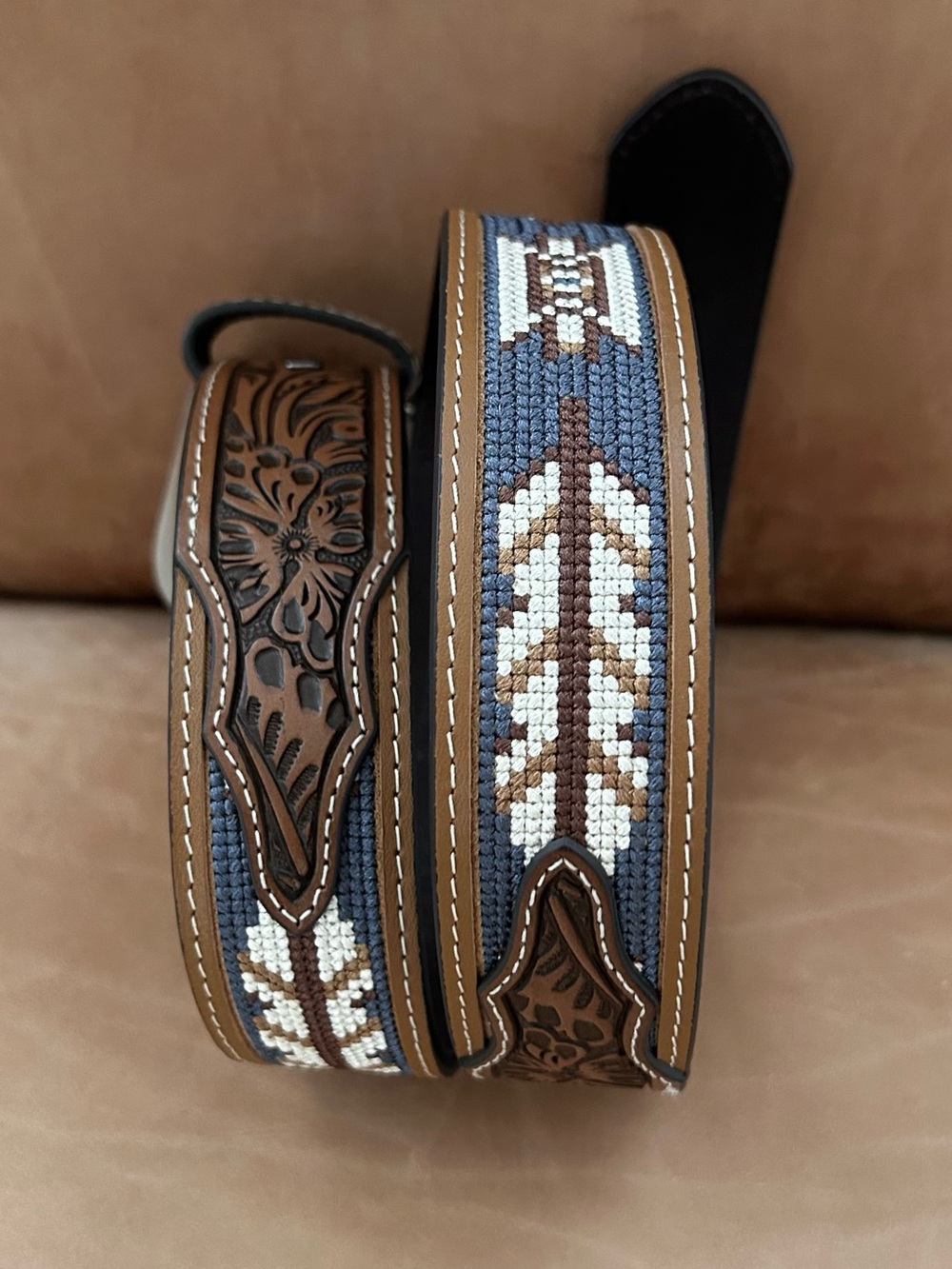 Cody James Zane Southwestern Embroidered Inlay Brown Blue Silver Belt NWT Sz 32